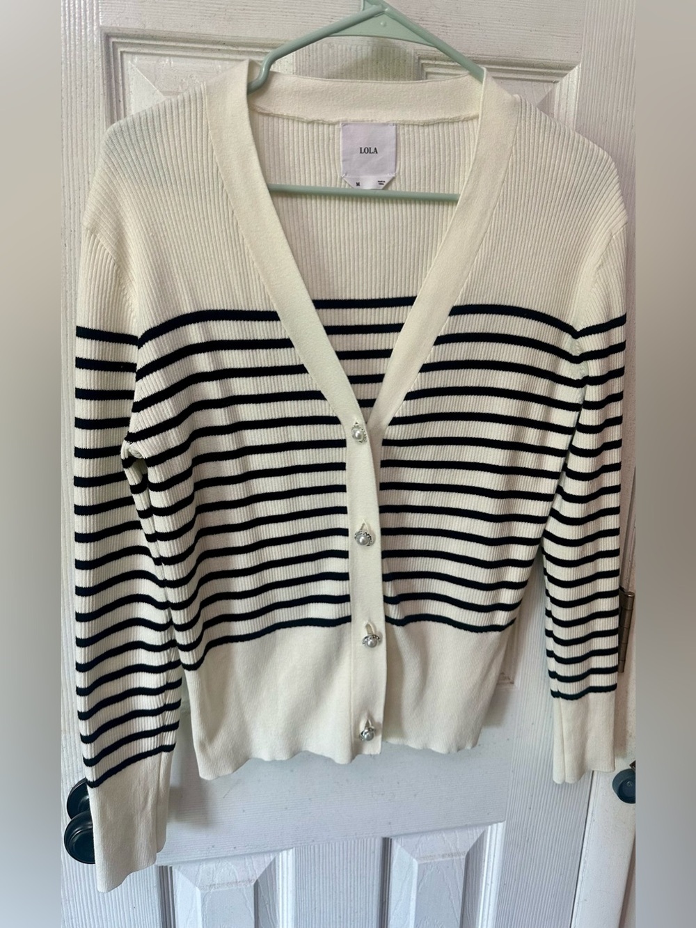 LOLA Women's Cream and Black Striped V-Neck Cardigan, Cotton Blend